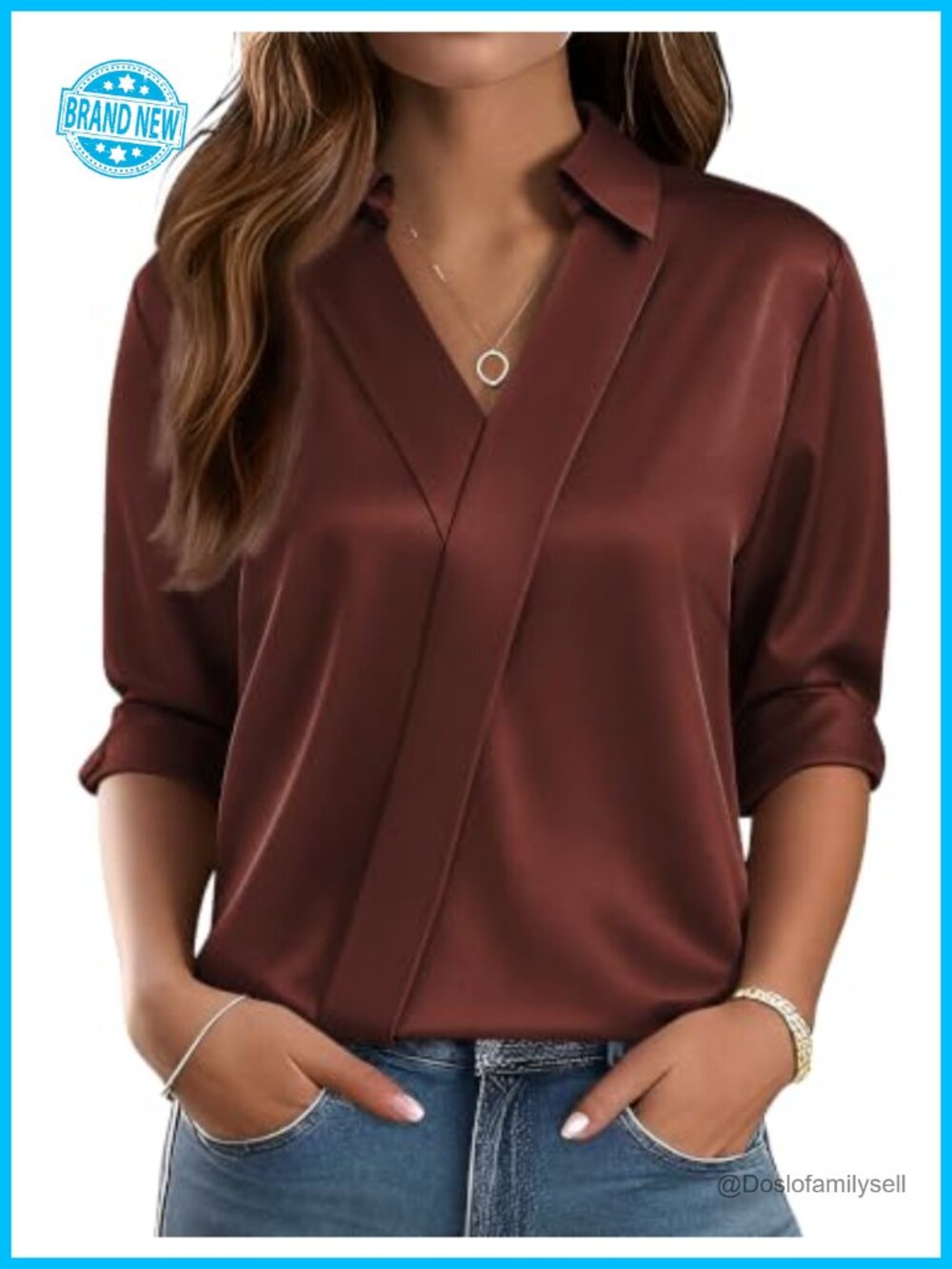 LOMON Satin V-Neck Long Sleeve Blouse Dressy Business Casual Top
